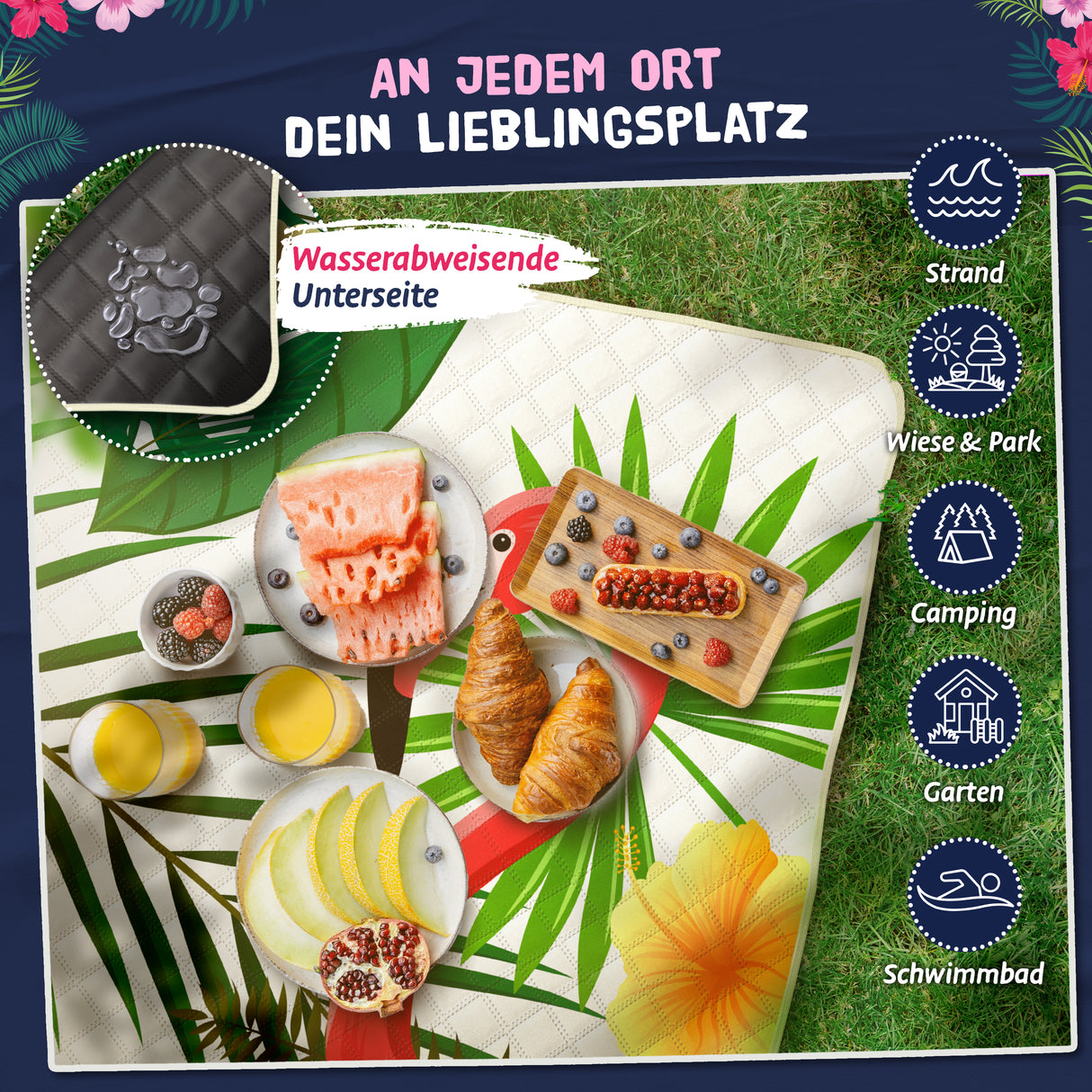 Bobby Beach Picknickdecke wasserabweisend | Stranddecke sandfrei Strandmatte gepolstert | Strandtuch XXL Camping Zubehör Picknickdecke 200x200