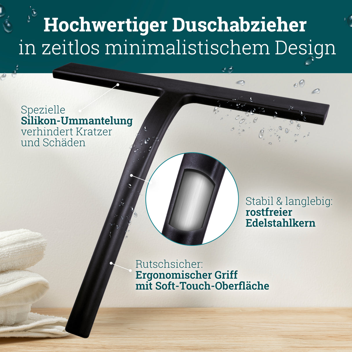 Silikon Duschabzieher schwarz | Abzieher Dusche Badezimmer Zubehör | Fensterabzieher Fensterwischer Set mit Halterung ohne Bohren für Duschwand | Fenster Scheibenabzieher Auto Bad Accessoires