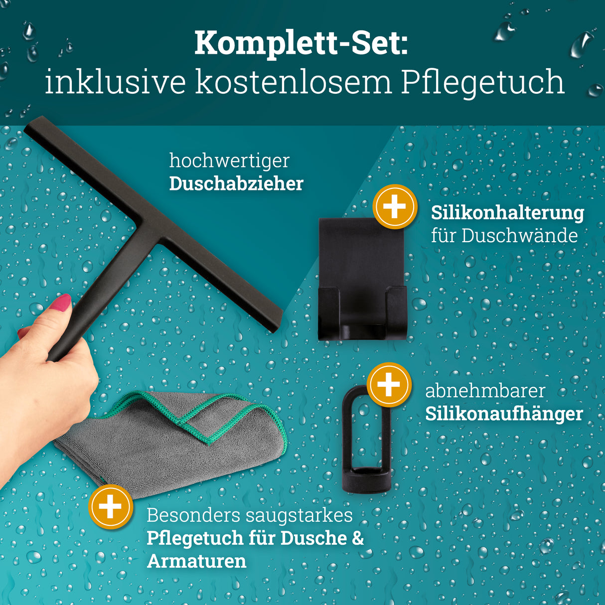Silikon Duschabzieher schwarz | Abzieher Dusche Badezimmer Zubehör | Fensterabzieher Fensterwischer Set mit Halterung ohne Bohren für Duschwand | Fenster Scheibenabzieher Auto Bad Accessoires