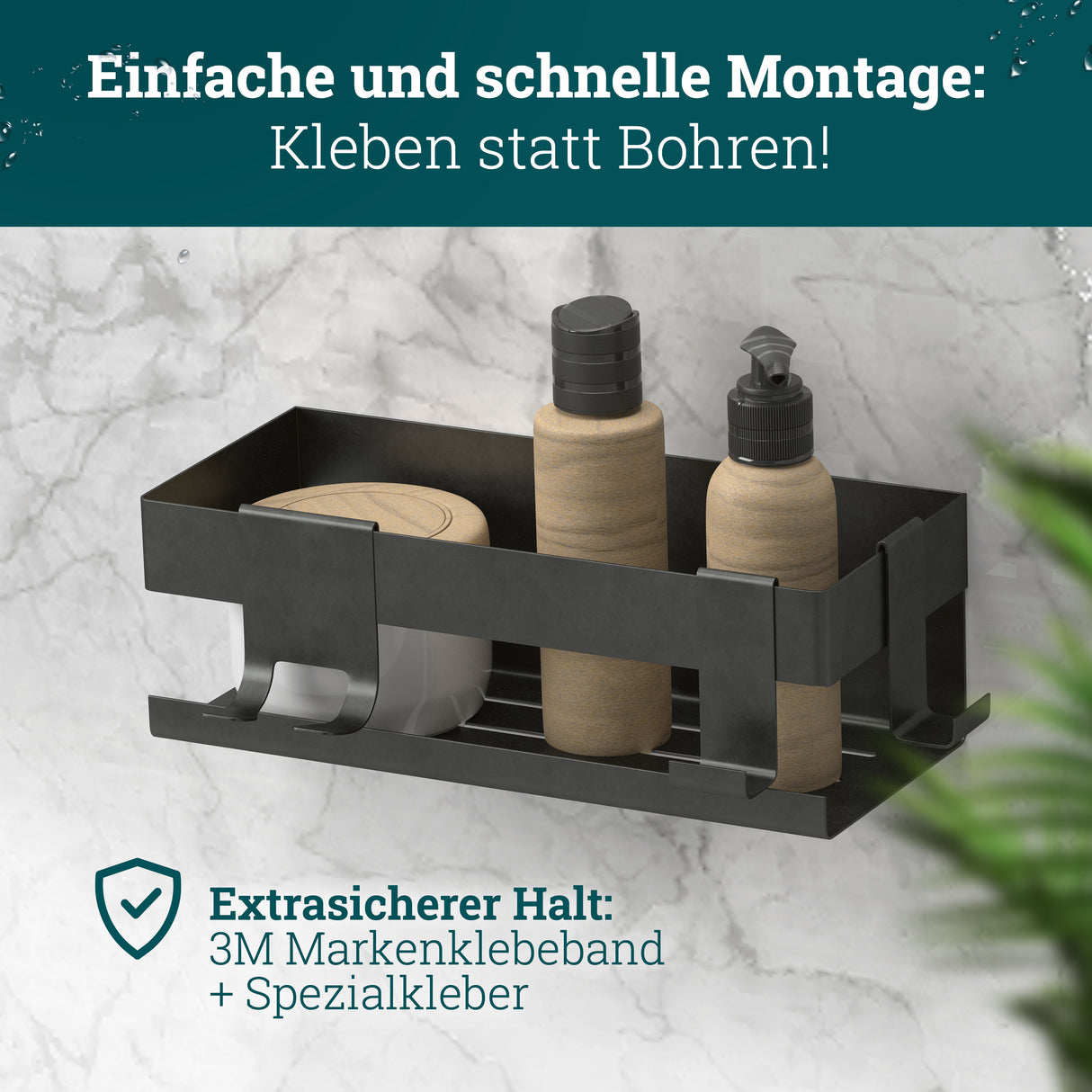 Duschablage ohne Bohren | Edelstahl mit Ablaufrillen & 3 Haken | Kleben statt Bohren | Duschkorb Wandregal Duschregal Badregal Deko Badezimmer Organizer Regal für Bad & Küche