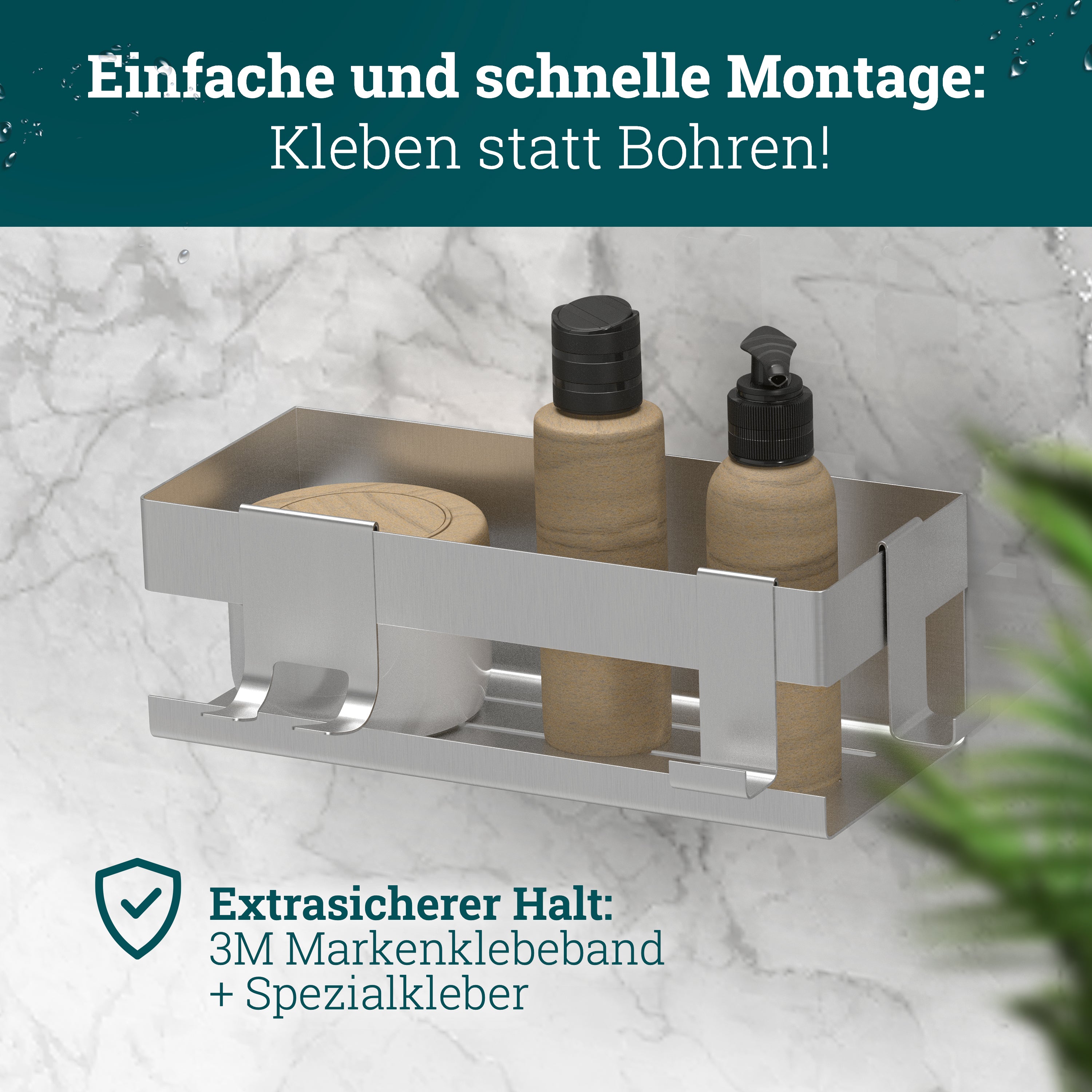 MEIJO Duschablage Ohne Bohren – 2 Stück, 40 X 13 Cm, Schwarz – Selbstklebend, Rostfrei & Mit 4 Haken – Für Bad & Küche