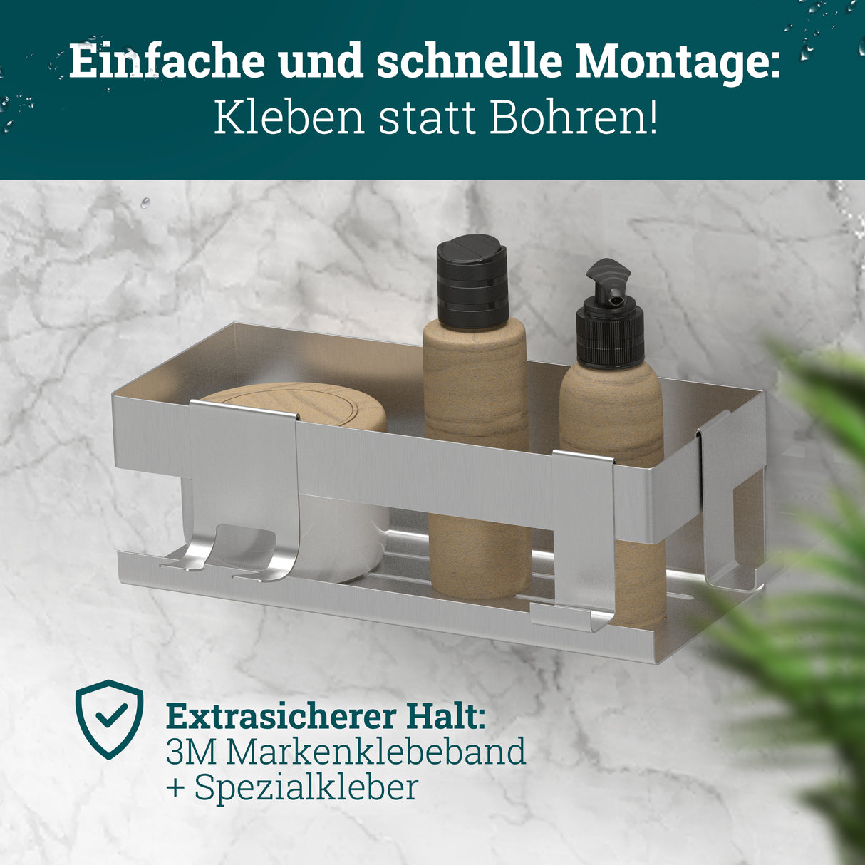 Duschablage ohne Bohren | Edelstahl mit Ablaufrillen & 3 Haken | Kleben statt Bohren | Duschkorb Wandregal Duschregal Badregal Deko Badezimmer Organizer Regal für Bad & Küche