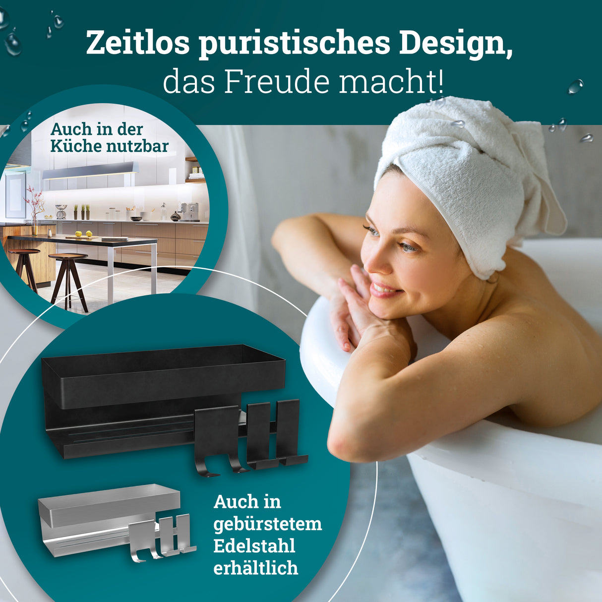 Duschablage ohne Bohren | Edelstahl mit Ablaufrillen & 3 Haken | Kleben statt Bohren | Duschkorb Wandregal Duschregal Badregal Deko Badezimmer Organizer Regal für Bad & Küche