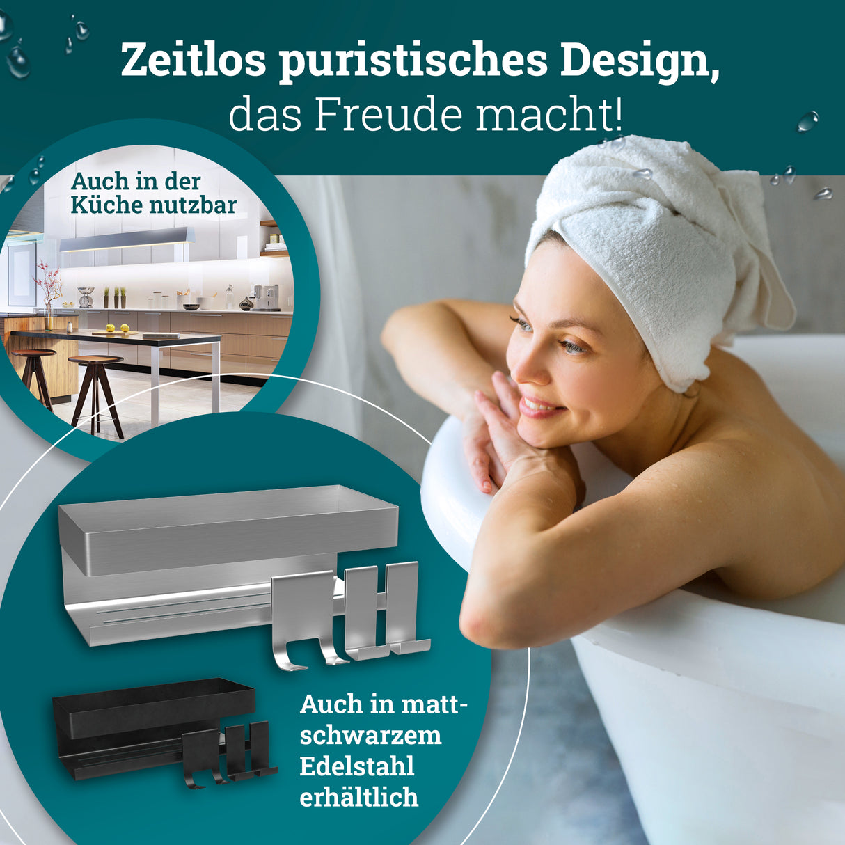 Duschablage ohne Bohren | Edelstahl mit Ablaufrillen & 3 Haken | Kleben statt Bohren | Duschkorb Wandregal Duschregal Badregal Deko Badezimmer Organizer Regal für Bad & Küche