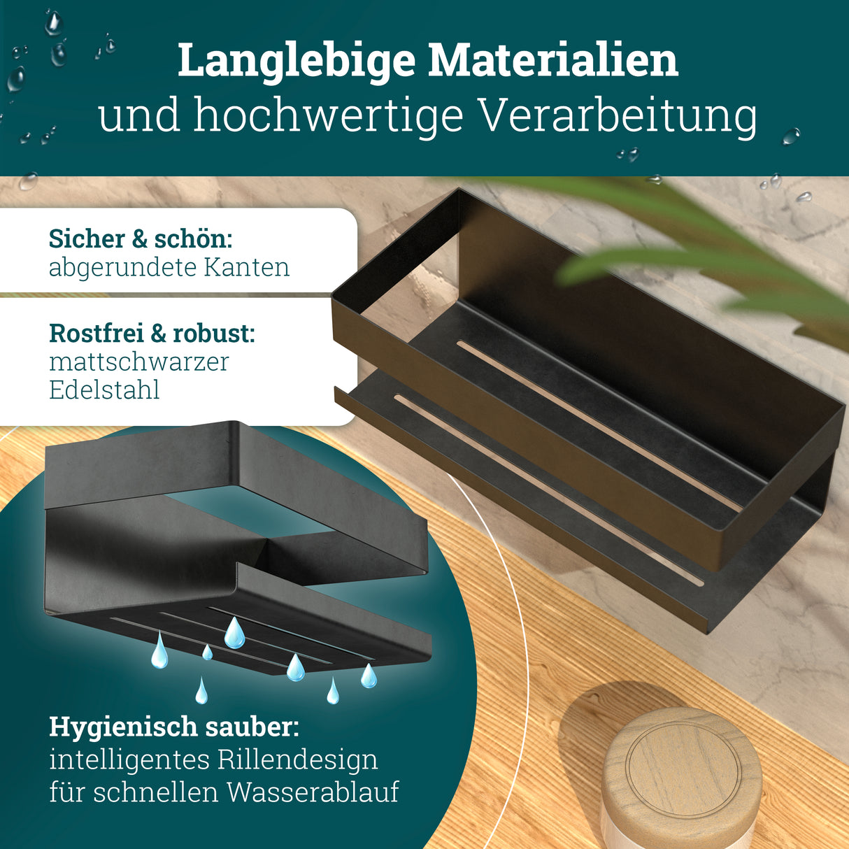 Duschablage ohne Bohren | Edelstahl mit Ablaufrillen & 3 Haken | Kleben statt Bohren | Duschkorb Wandregal Duschregal Badregal Deko Badezimmer Organizer Regal für Bad & Küche