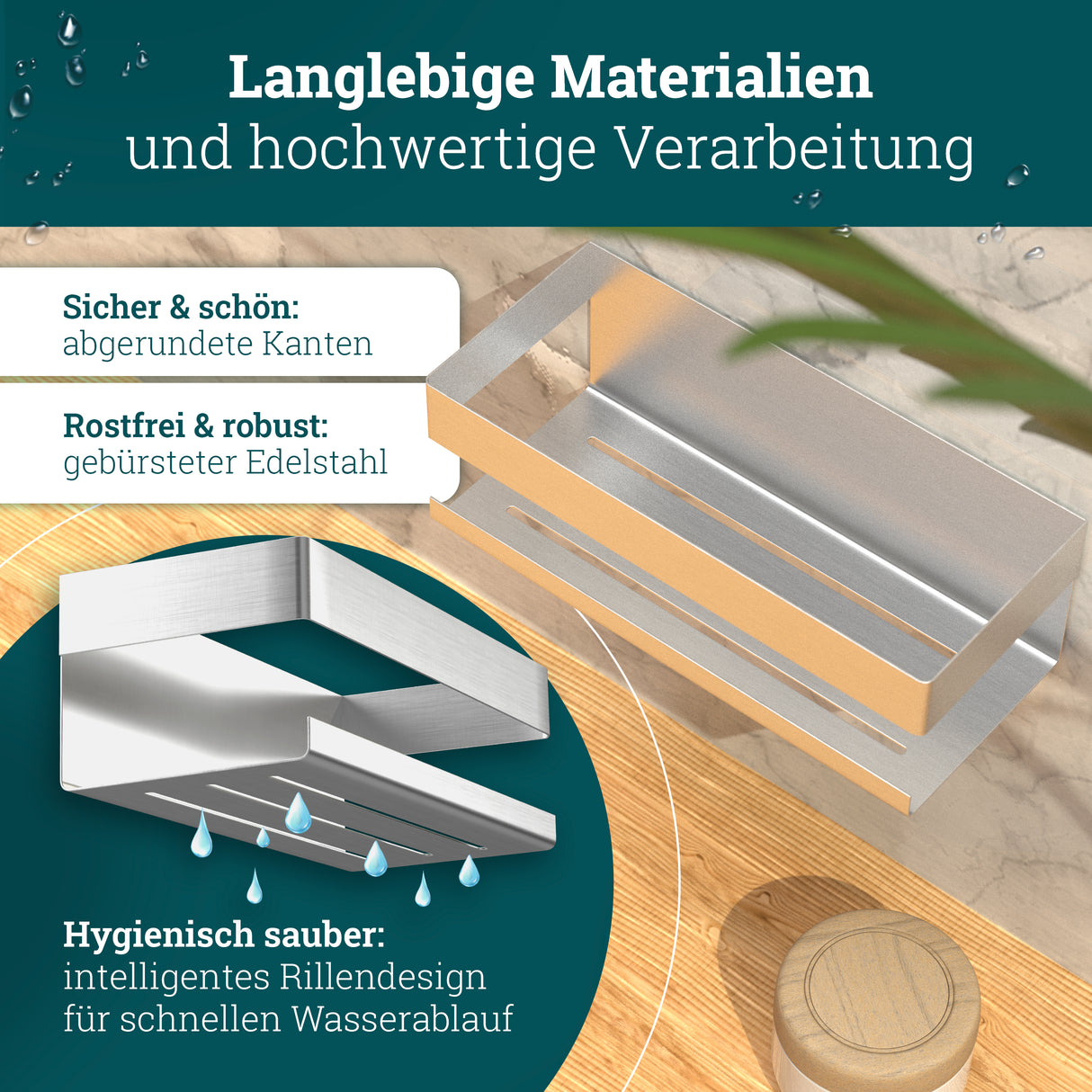 Duschablage ohne Bohren | Edelstahl mit Ablaufrillen & 3 Haken | Kleben statt Bohren | Duschkorb Wandregal Duschregal Badregal Deko Badezimmer Organizer Regal für Bad & Küche
