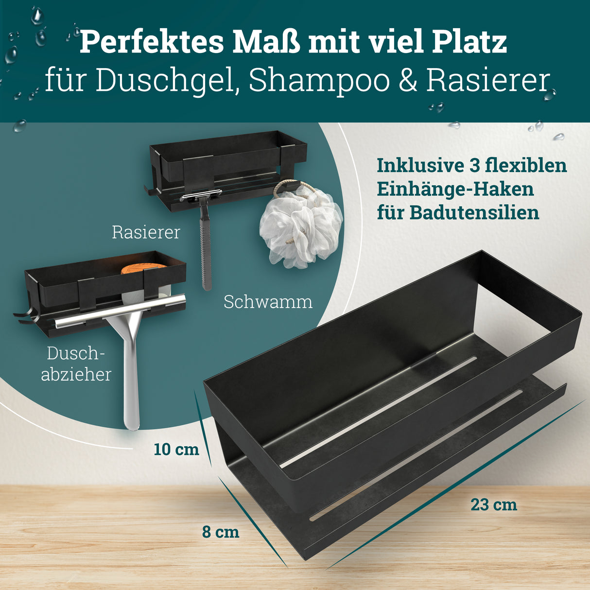 Duschablage ohne Bohren | Edelstahl mit Ablaufrillen & 3 Haken | Kleben statt Bohren | Duschkorb Wandregal Duschregal Badregal Deko Badezimmer Organizer Regal für Bad & Küche