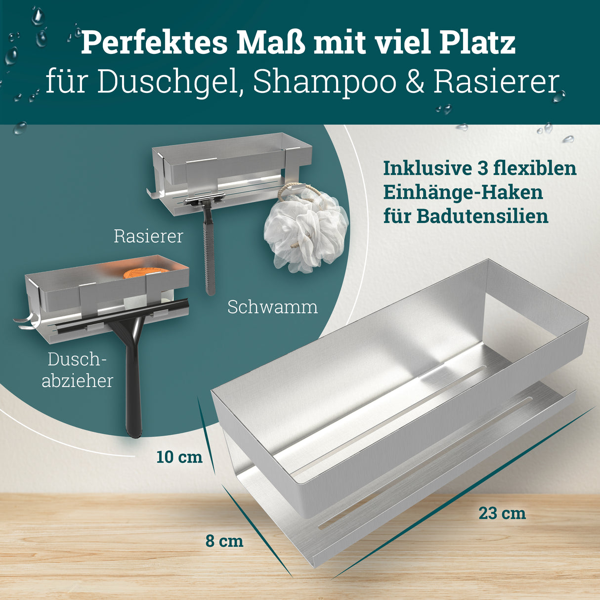 Duschablage ohne Bohren | Edelstahl mit Ablaufrillen & 3 Haken | Kleben statt Bohren | Duschkorb Wandregal Duschregal Badregal Deko Badezimmer Organizer Regal für Bad & Küche