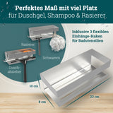 Duschablage ohne Bohren | Edelstahl mit Ablaufrillen & 3 Haken | Kleben statt Bohren | Duschkorb Wandregal Duschregal Badregal Deko Badezimmer Organizer Regal für Bad & Küche
