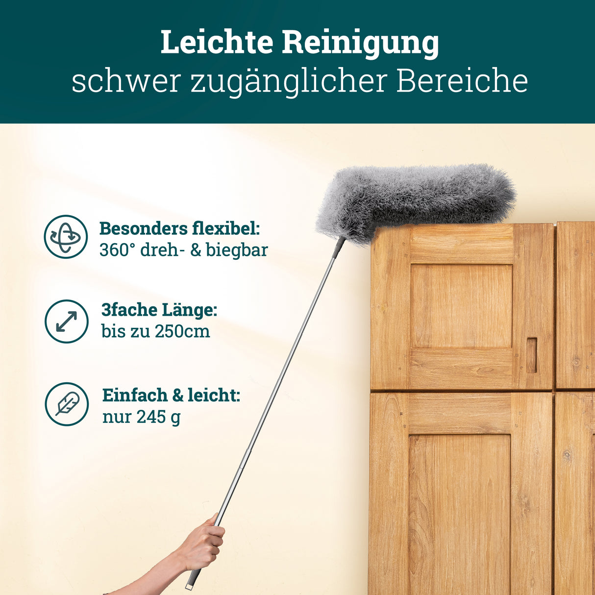 Teleskop Staubwedel | Staubwedel Teleskop extra lang bis 250 cm ausziehbar | Staubmagnet Staubwischer | Mikrofaser waschbar | Spinnenwebenentferner Staub Duster mit Teleskopstange Teleskopgriff