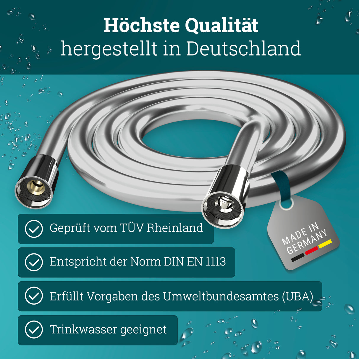 Duschschlauch Chrom 1,60 m | Made in Germany | Verdrehschutz | Kunststoff Brauseschlauch mit Chromoberfläche Metalloptik | elastisch flexibel kompatibel mit hansgrohe Duschkopf