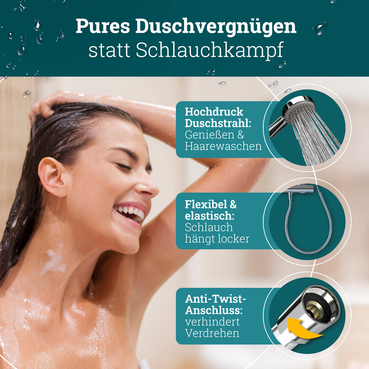 Duschschlauch Chrom 1,60 m | Made in Germany | Verdrehschutz | Kunststoff Brauseschlauch mit Chromoberfläche Metalloptik | elastisch flexibel kompatibel mit hansgrohe Duschkopf