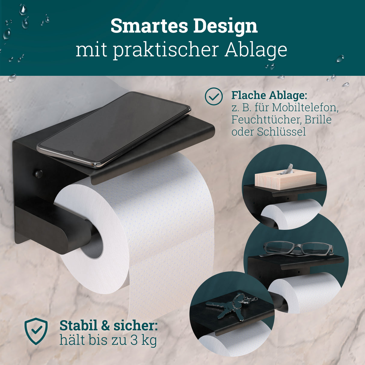 Toilettenpapierhalter ohne Bohren | hochwertiger Klorollenhalter aus gebürstetem Edelstahl mit Ablage | Toilettenpapierhalter Klopapierhalter ohne Bohren WC Papier Halterung