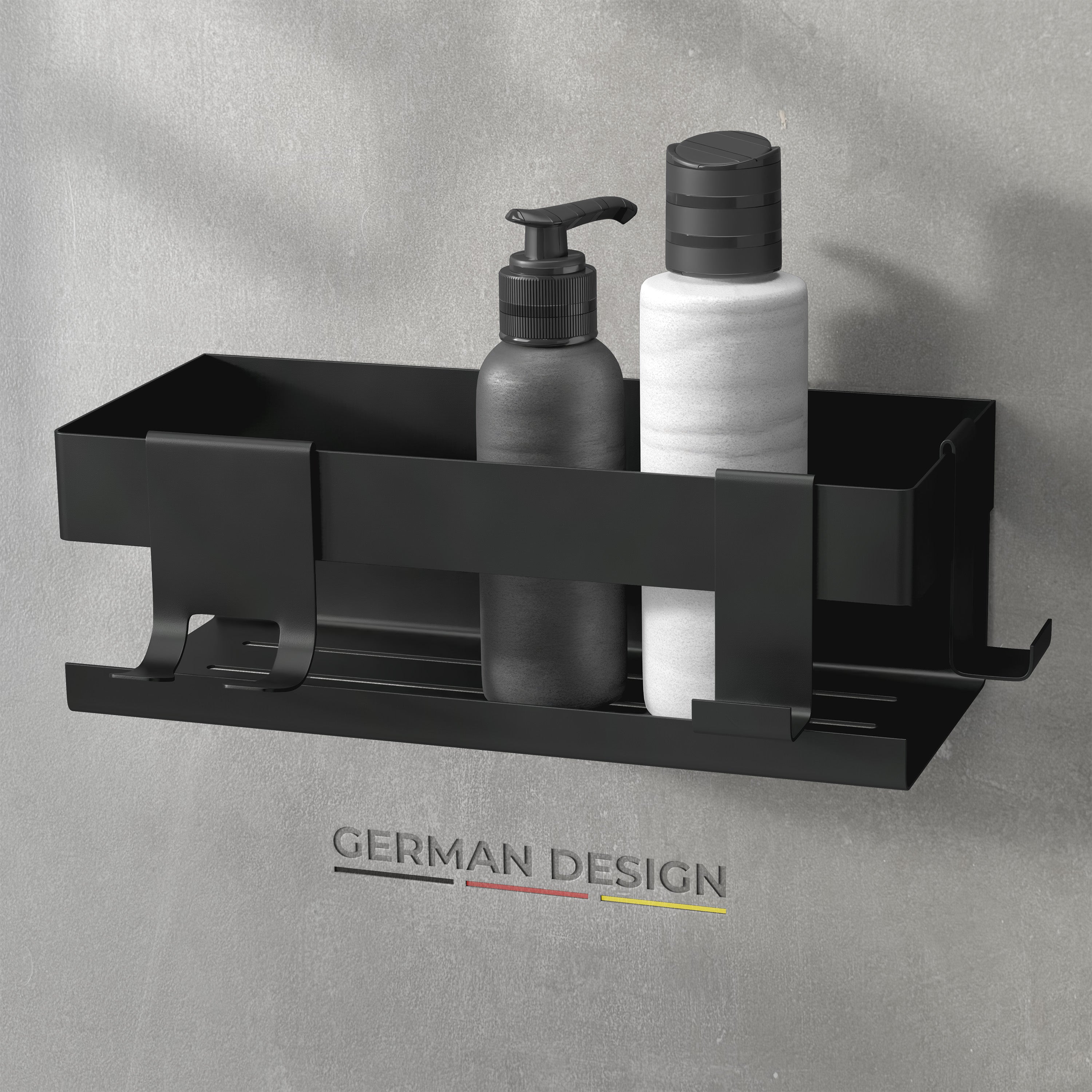 MEIJO Duschablage Ohne Bohren – 2 Stück, 40 X 13 Cm, Schwarz – Selbstklebend, Rostfrei & Mit 4 Haken – Für Bad & Küche