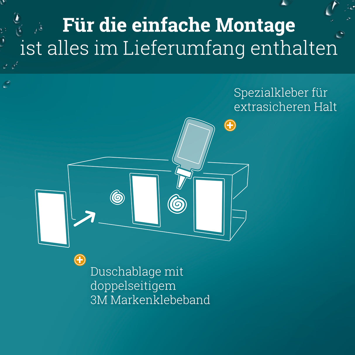 Duschablage ohne Bohren | Edelstahl mit Ablaufrillen & 3 Haken | Kleben statt Bohren | Duschkorb Wandregal Duschregal Badregal Deko Badezimmer Organizer Regal für Bad & Küche