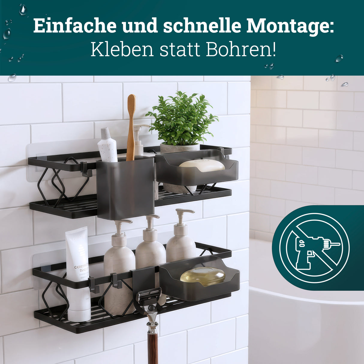 husman Duschablage-Set ohne Bohren | 10-teilig mit Ablaufrillen | Kleben statt Bohren | Duschkorb Wandregal Duschregal Badregal Deko Badezimmer Organizer Regal für Bad & Küche