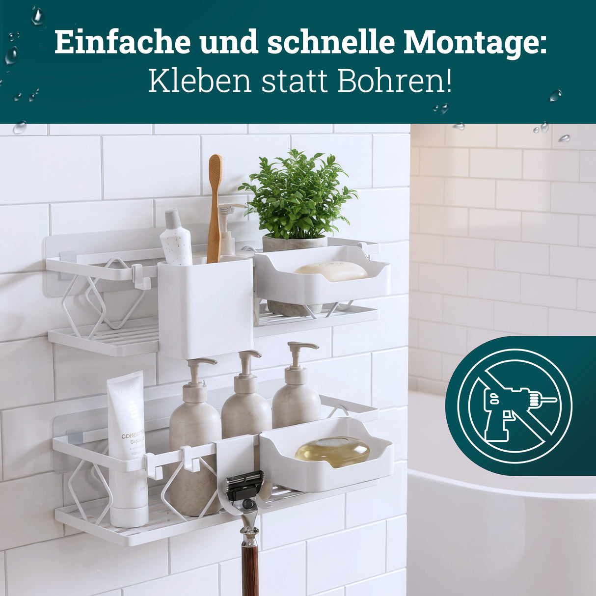 husman Duschablage-Set ohne Bohren | 10-teilig mit Ablaufrillen | Kleben statt Bohren | Duschkorb Wandregal Duschregal Badregal Deko Badezimmer Organizer Regal für Bad & Küche