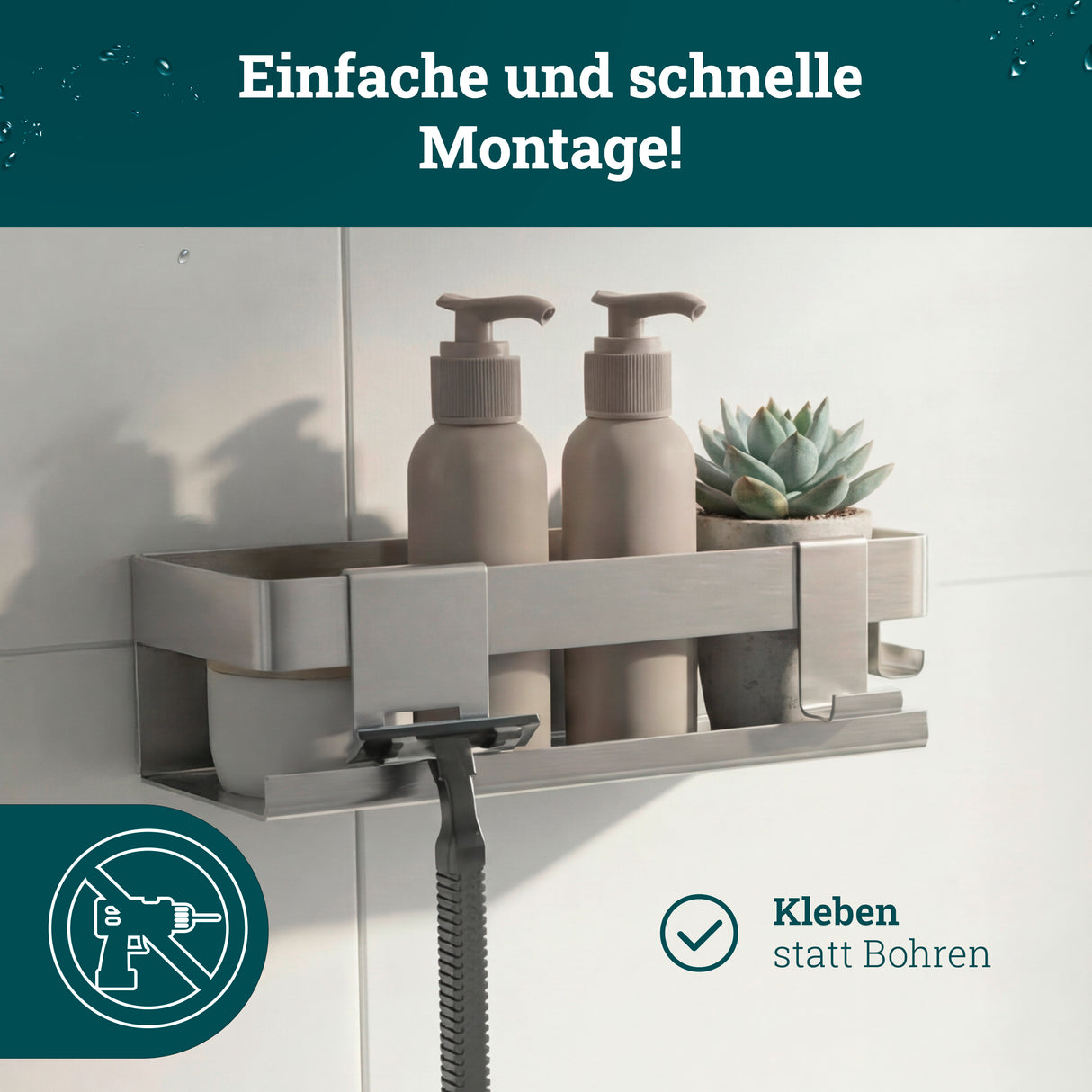 husman Duschablage ohne Bohren | Edelstahl mit Ablaufrillen & 3 Haken | Kleben statt Bohren | Duschkorb Wandregal Duschregal Badregal Deko Badezimmer Organizer Regal für Bad & Küche