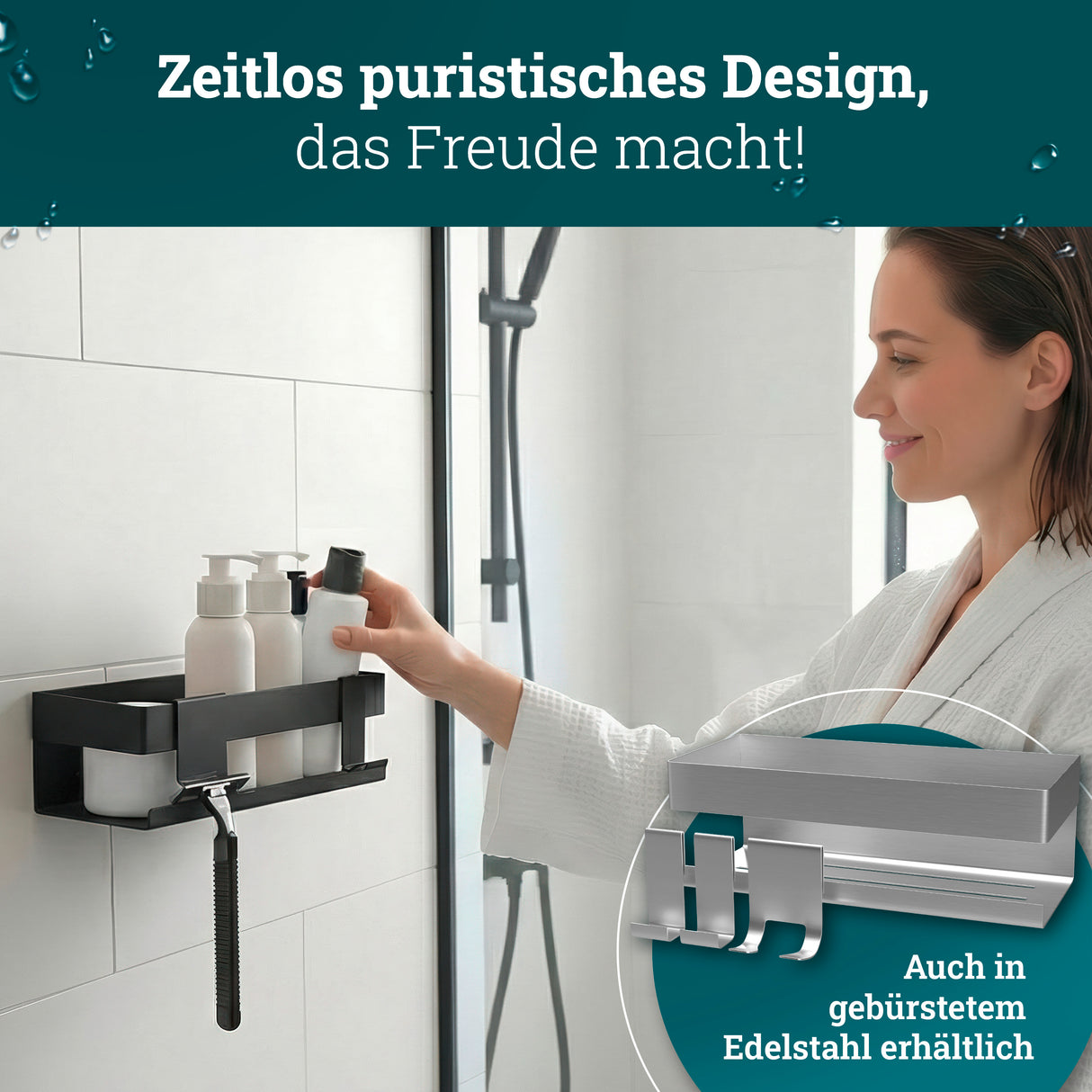husman Duschablage ohne Bohren | Edelstahl mit Ablaufrillen & 3 Haken | Kleben statt Bohren | Duschkorb Wandregal Duschregal Badregal Deko Badezimmer Organizer Regal für Bad & Küche