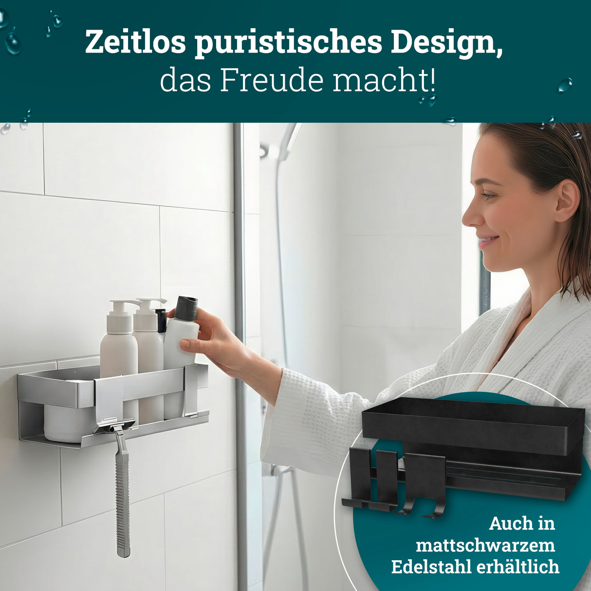 husman Duschablage ohne Bohren | Edelstahl mit Ablaufrillen & 3 Haken | Kleben statt Bohren | Duschkorb Wandregal Duschregal Badregal Deko Badezimmer Organizer Regal für Bad & Küche