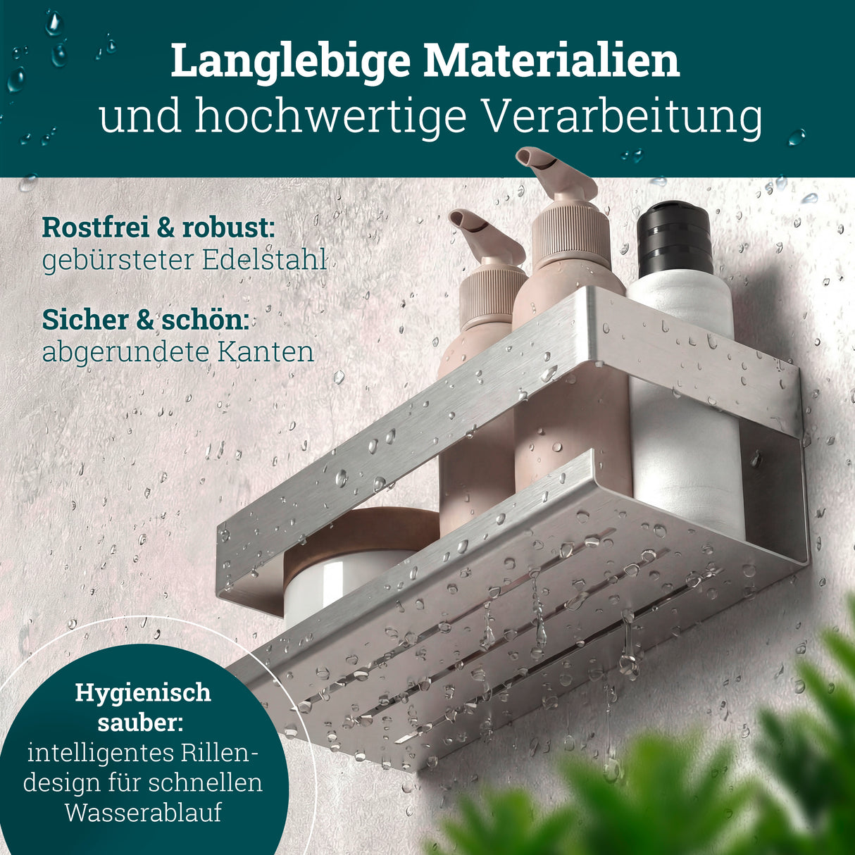 husman Duschablage ohne Bohren | Edelstahl mit Ablaufrillen & 3 Haken | Kleben statt Bohren | Duschkorb Wandregal Duschregal Badregal Deko Badezimmer Organizer Regal für Bad & Küche
