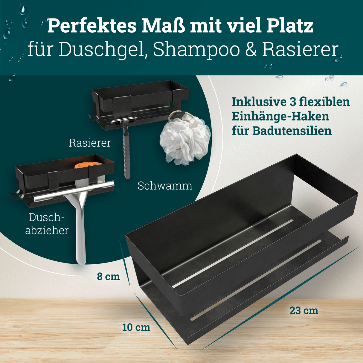 husman Duschablage ohne Bohren | Edelstahl mit Ablaufrillen & 3 Haken | Kleben statt Bohren | Duschkorb Wandregal Duschregal Badregal Deko Badezimmer Organizer Regal für Bad & Küche