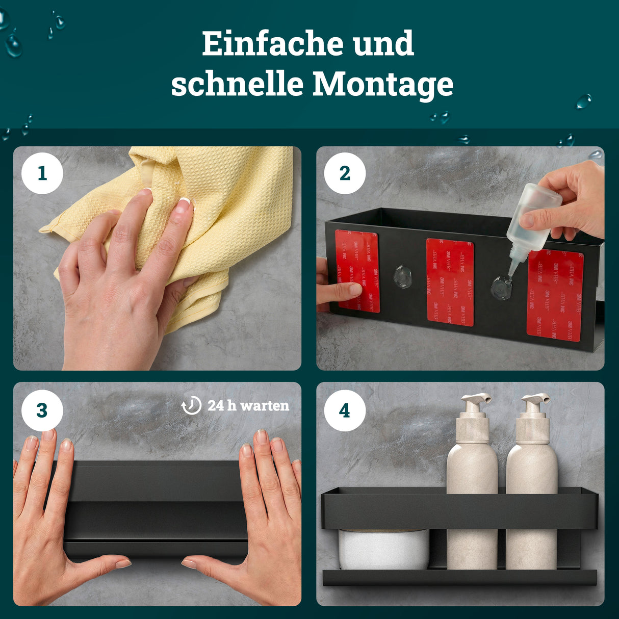 husman Duschablage ohne Bohren | Edelstahl mit Ablaufrillen & 3 Haken | Kleben statt Bohren | Duschkorb Wandregal Duschregal Badregal Deko Badezimmer Organizer Regal für Bad & Küche