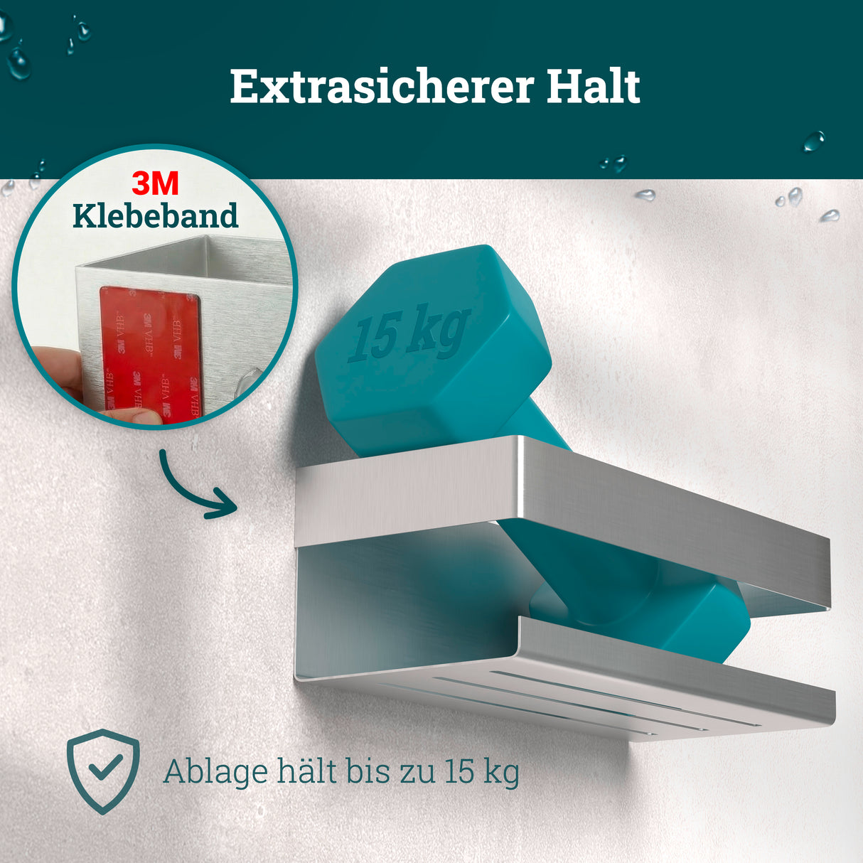 husman Duschablage ohne Bohren | Edelstahl mit Ablaufrillen & 3 Haken | Kleben statt Bohren | Duschkorb Wandregal Duschregal Badregal Deko Badezimmer Organizer Regal für Bad & Küche