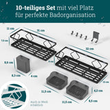 husman Duschablage-Set ohne Bohren | 10-teilig mit Ablaufrillen | Kleben statt Bohren | Duschkorb Wandregal Duschregal Badregal Deko Badezimmer Organizer Regal für Bad & Küche
