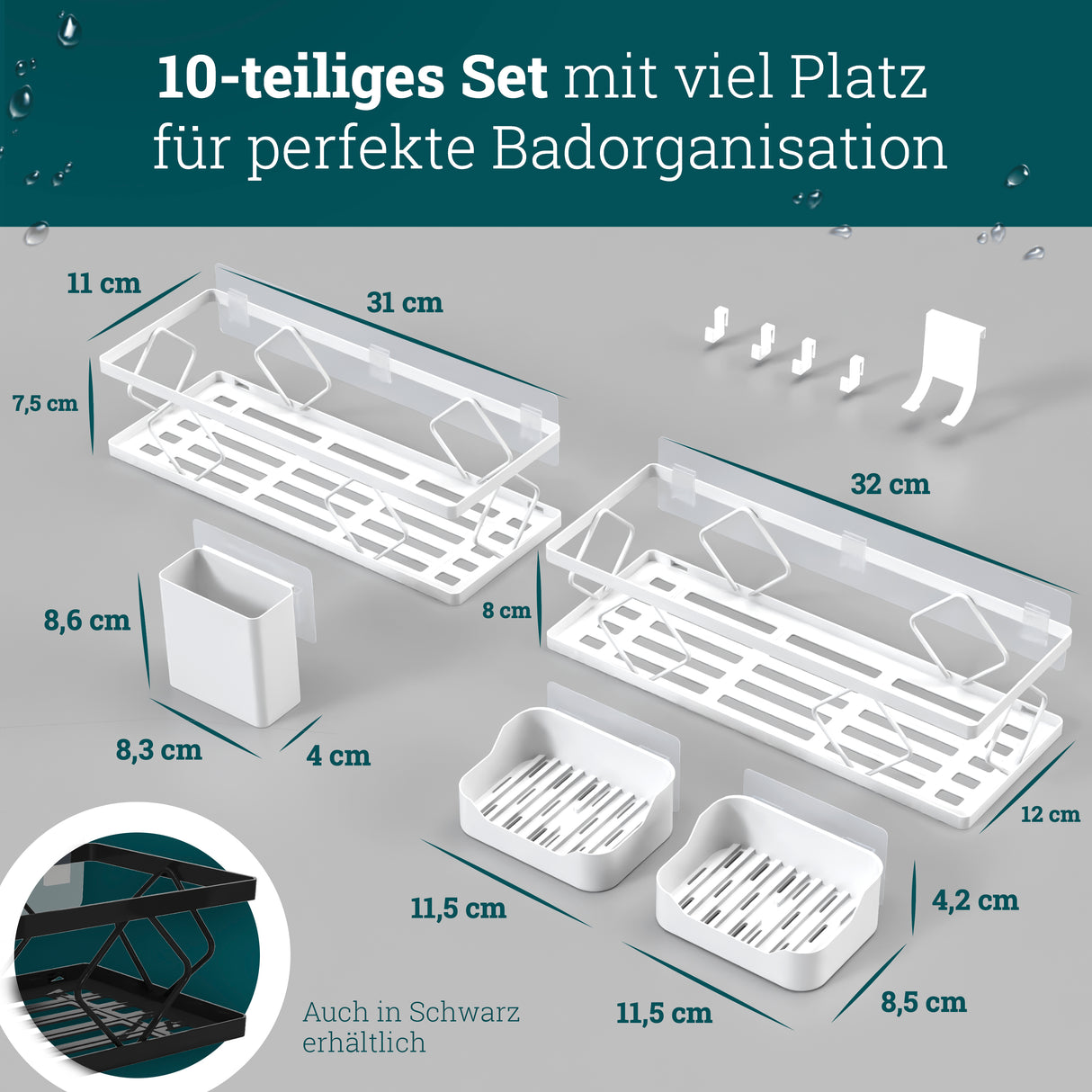 husman Duschablage-Set ohne Bohren | 10-teilig mit Ablaufrillen | Kleben statt Bohren | Duschkorb Wandregal Duschregal Badregal Deko Badezimmer Organizer Regal für Bad & Küche