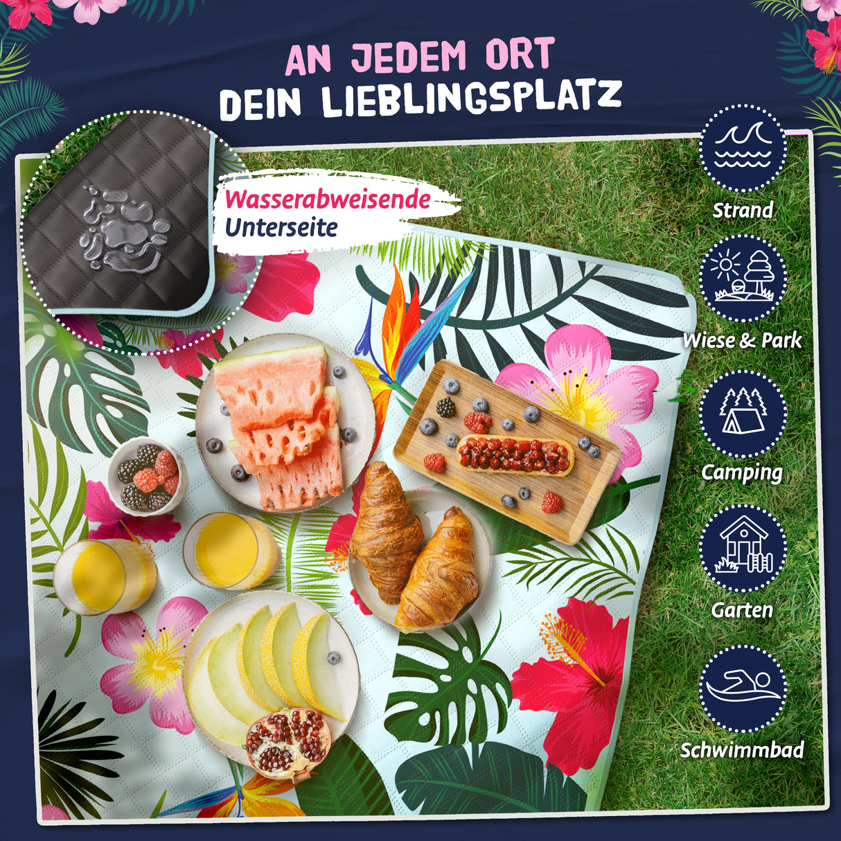 Bobby Beach Picknickdecke wasserabweisend | Stranddecke sandfrei Strandmatte gepolstert | Strandtuch XXL Camping Zubehör Picknickdecke 200x200