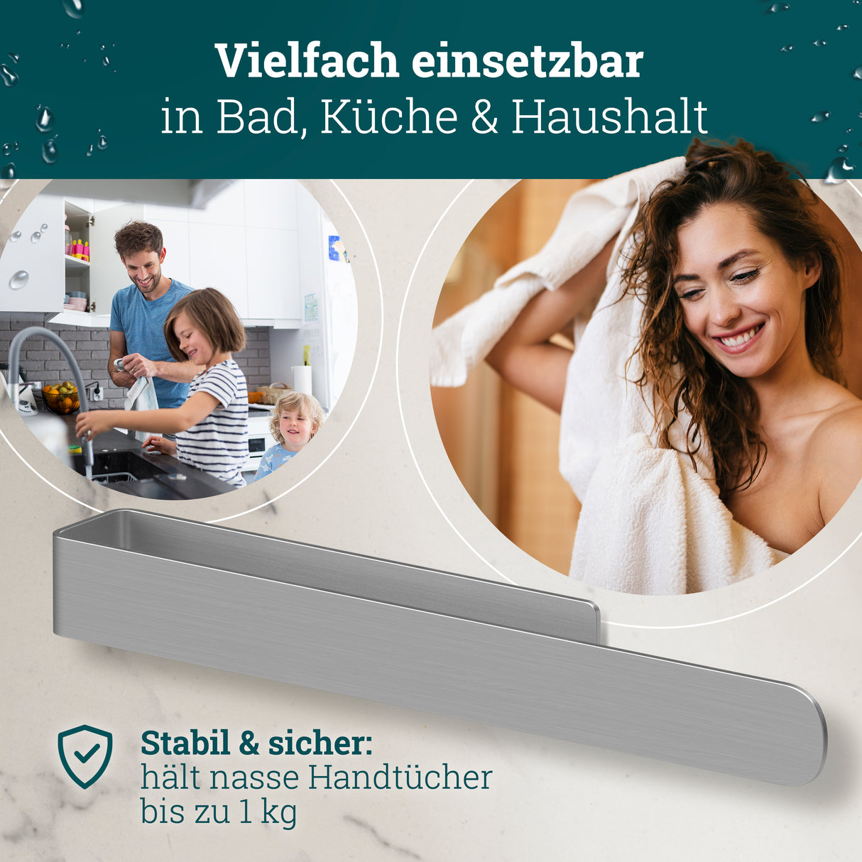 Handtuchhalter ohne Bohren | Edelstahl 37 cm | Handtuchstange zum Kleben für Bad & Küche | Handtuch Halterung Geschirrtuchhalter Spültuchhalter | Badezimmermöbel Badezimmer Deko