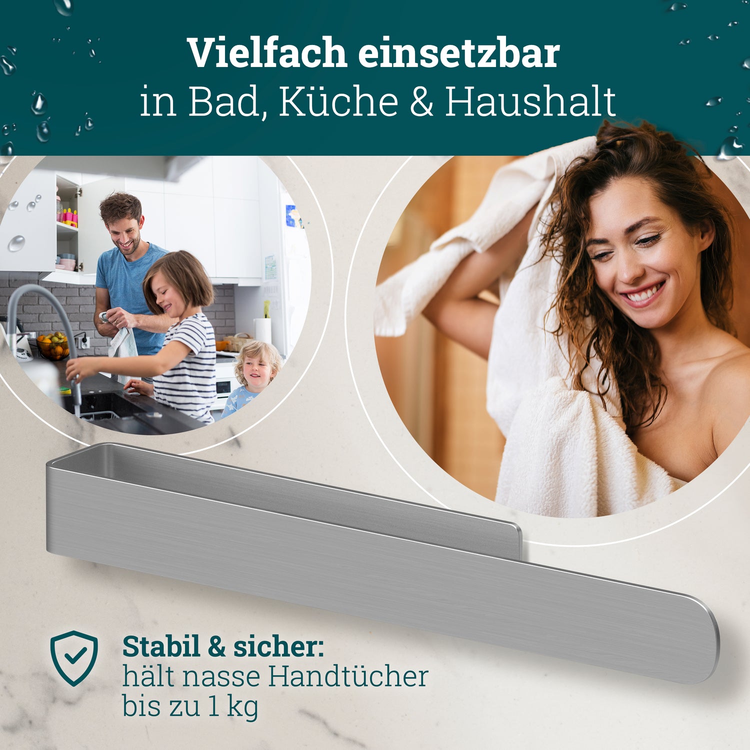 husman Handtuchhalter ohne Bohren | Edelstahl 37 cm | Handtuchstange zum Kleben für Bad & Küche | Handtuch Halterung Geschirrtuchhalter Spültuchhalter | Badezimmermöbel Badezimmer Deko