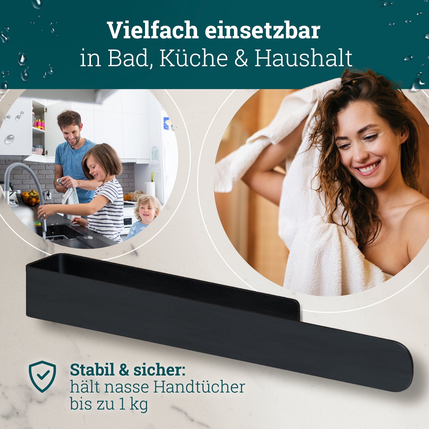 husman Handtuchhalter ohne Bohren | Edelstahl 37 cm | Handtuchstange zum Kleben für Bad & Küche | Handtuch Halterung Geschirrtuchhalter Spültuchhalter | Badezimmermöbel Badezimmer Deko