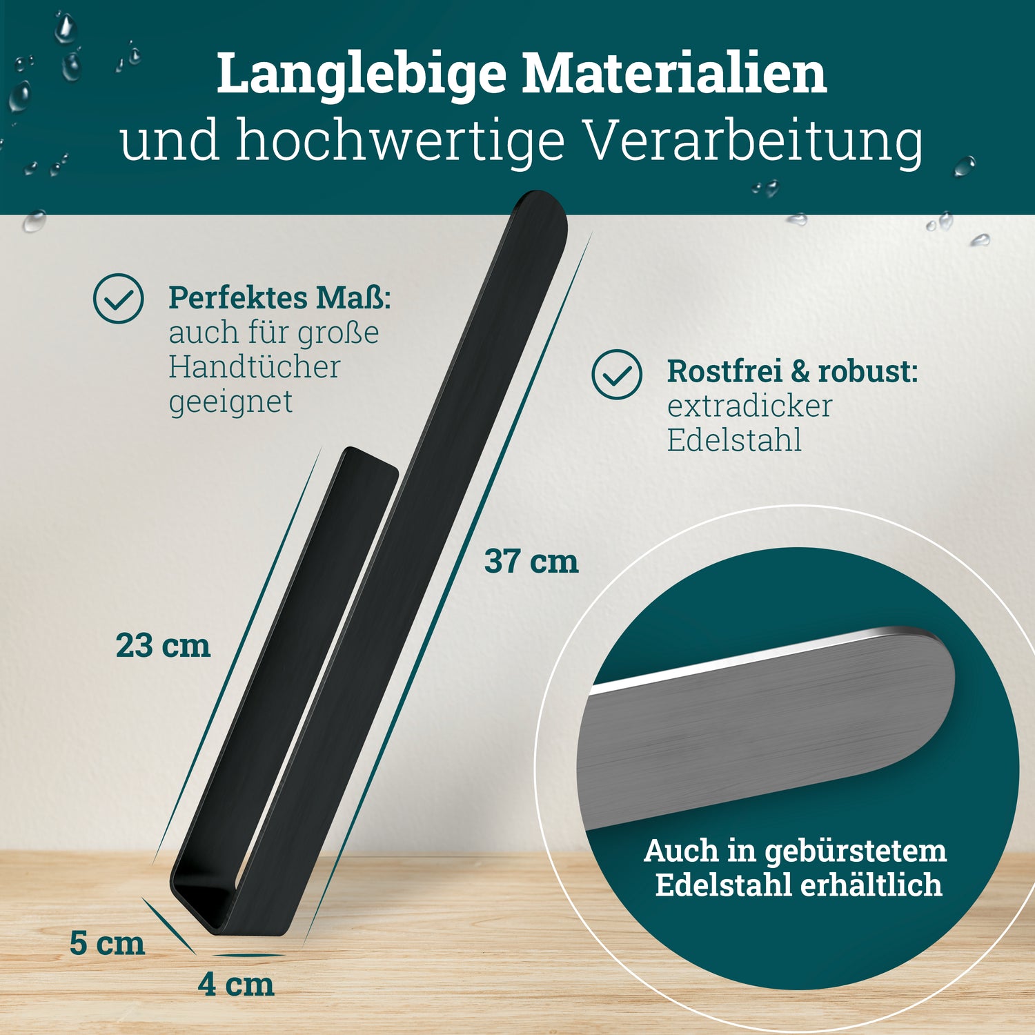 husman Handtuchhalter ohne Bohren | Edelstahl 37 cm | Handtuchstange zum Kleben für Bad & Küche | Handtuch Halterung Geschirrtuchhalter Spültuchhalter | Badezimmermöbel Badezimmer Deko