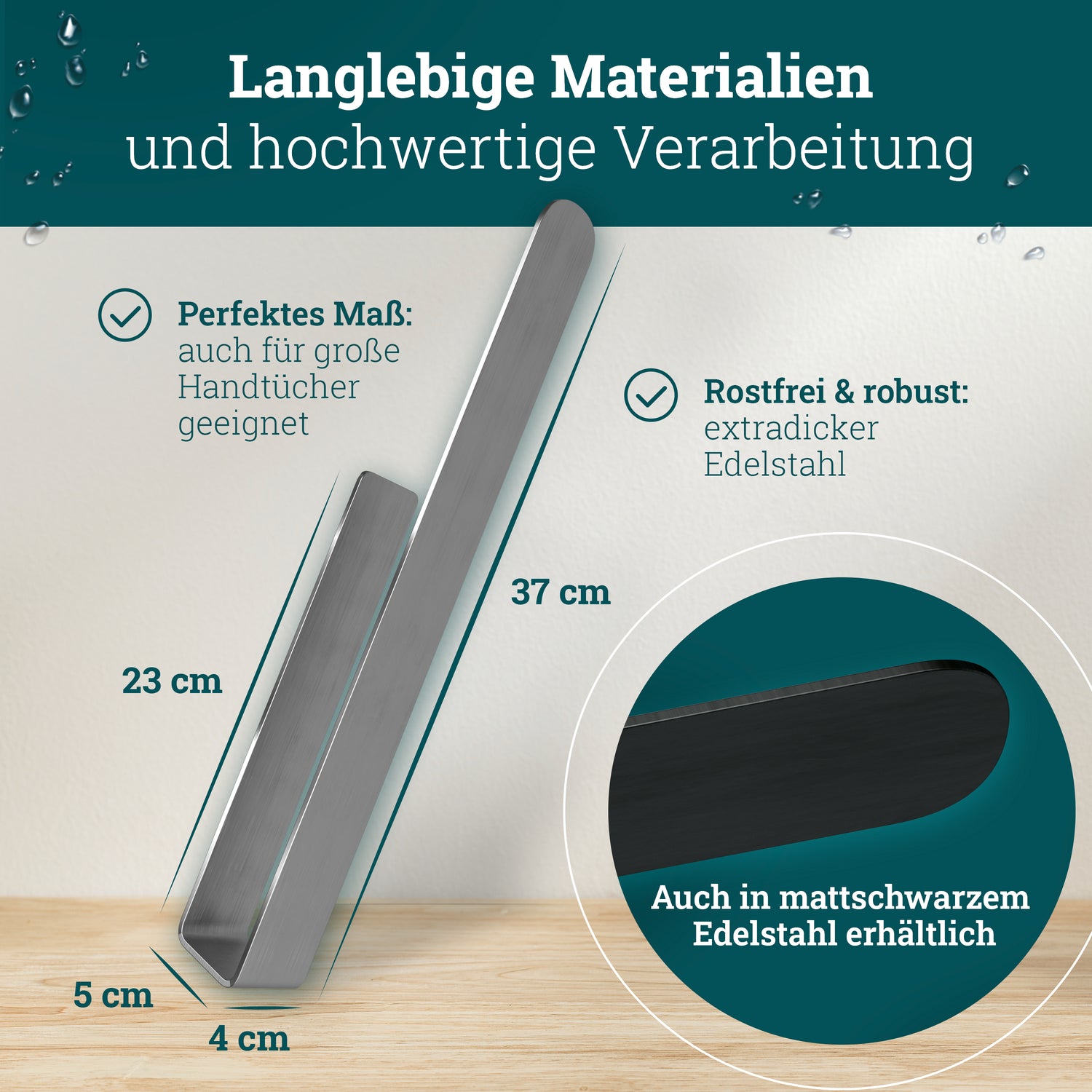 husman Handtuchhalter ohne Bohren | Edelstahl 37 cm | Handtuchstange zum Kleben für Bad & Küche | Handtuch Halterung Geschirrtuchhalter Spültuchhalter | Badezimmermöbel Badezimmer Deko